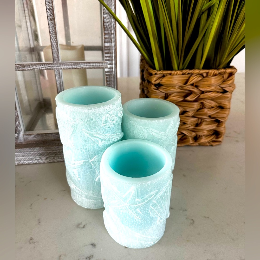 Trio of Beach SeaShell Pale Blue Wax Candles 🏖️Perfect for a Summer TableScape